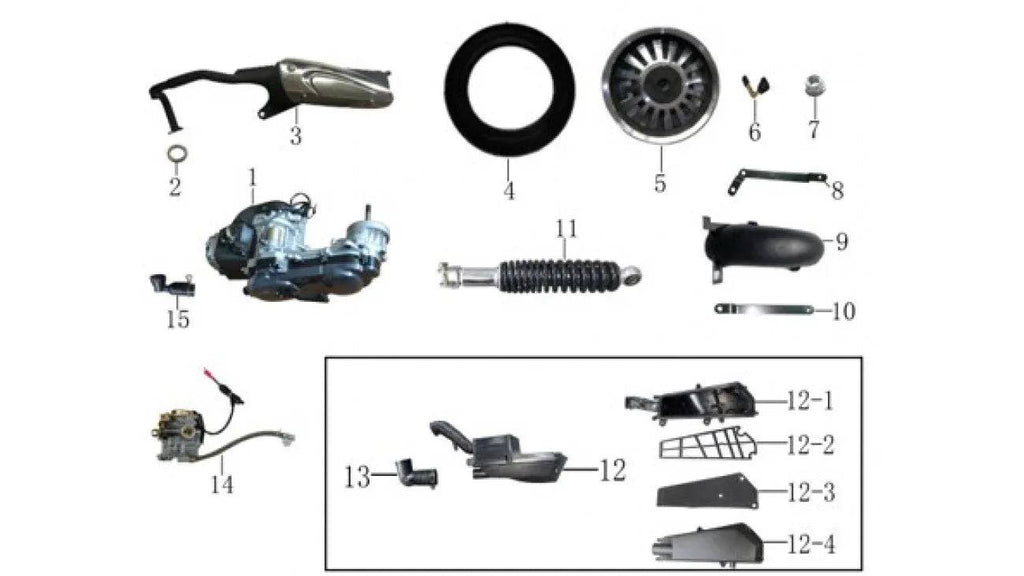 [1] 50CC MOTEUR COMPLET PORTOFINO ROUE 12'' RV1-1-2 (SCOOTTERRE OEM)
