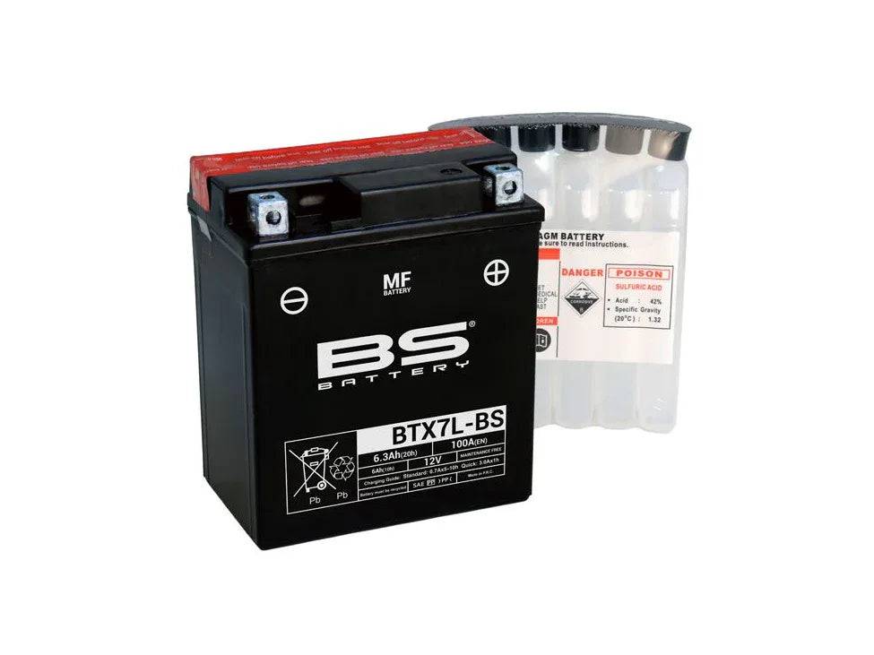 BTX7L-BS battery is a part of our MF range. Delivered with acid pack, this 12V 6.3Ah battery must be activated by filling the acid before first use. Totally sealed and maintenance free once activated, this battery offers high performances and doesn’t require water refilling.
Providing high power, extended life and maximum reliability whatever the weather conditions, BTX7L-BS battery is perfectly suitable for the majority of powersport vehicles.
