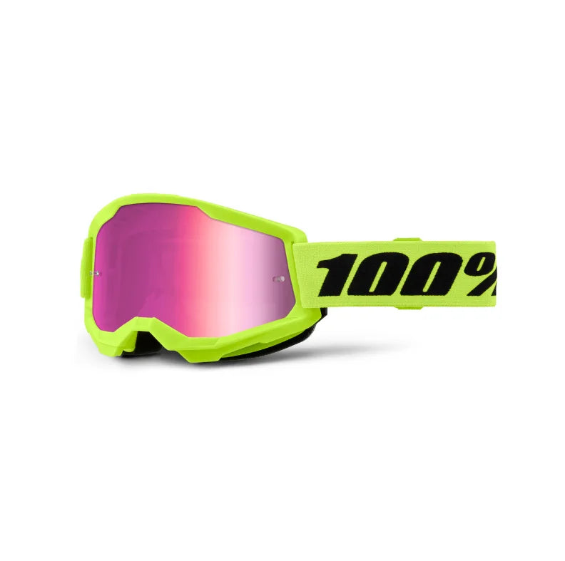 Lunettes de motocross 100% Strata 2 jaune néon (Lentille claire ou miroir rose) - MIROIR