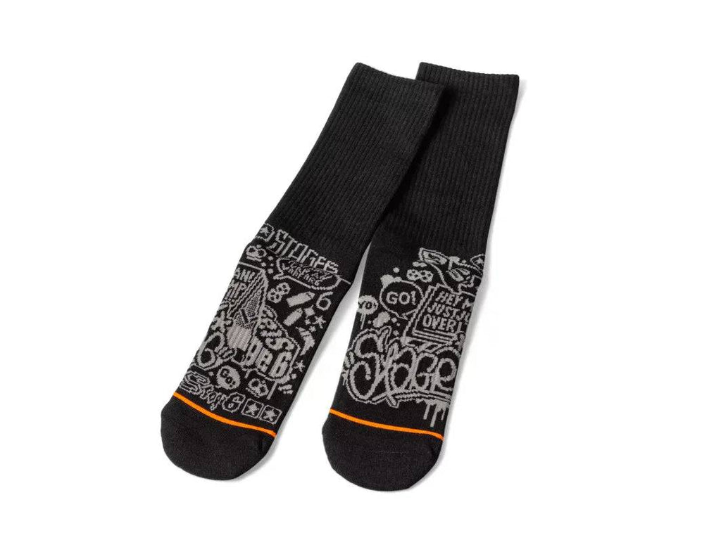 The Stage6 100% cotton socks, available in black and white and in 2 sizes, offer the ultimate in comfort and breathability for your feet - so stylish and comfortable that you'll never want to take them off again.The socks feature a cool comic design on the top of the foot and an orange line around the foot with STAGE6 branding.